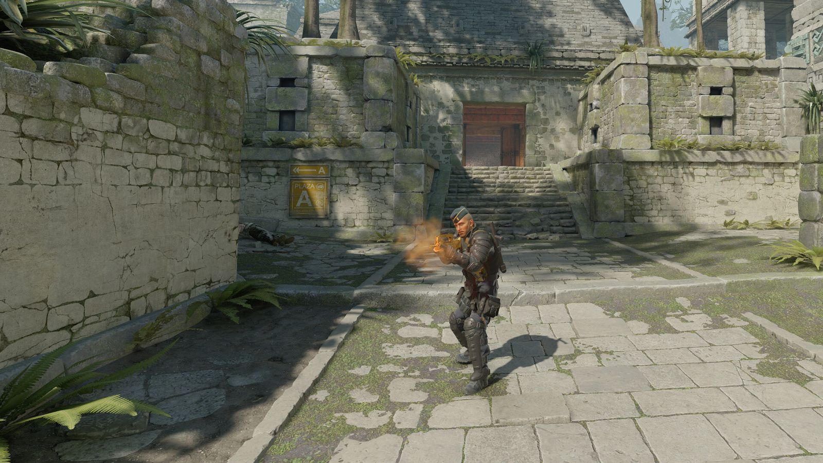 A CS2 player with a rifle among the stone ruins of Ancient