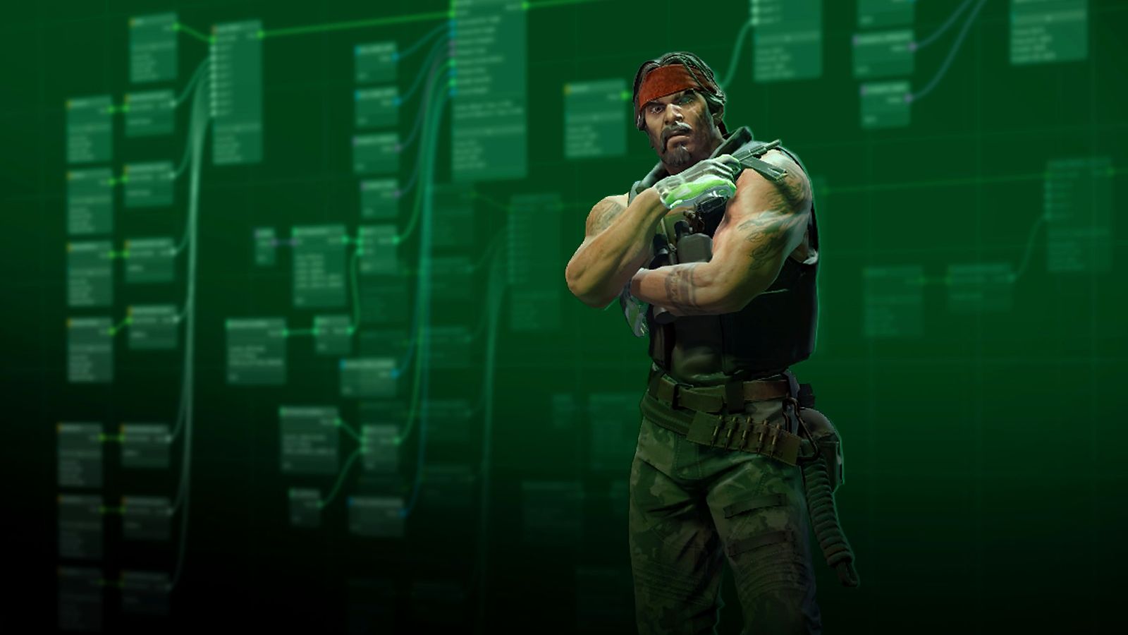 A Counter-Strike 2 Terrorist player model in front of a green animation graph from Valve's Animgraph 2 beta announcement