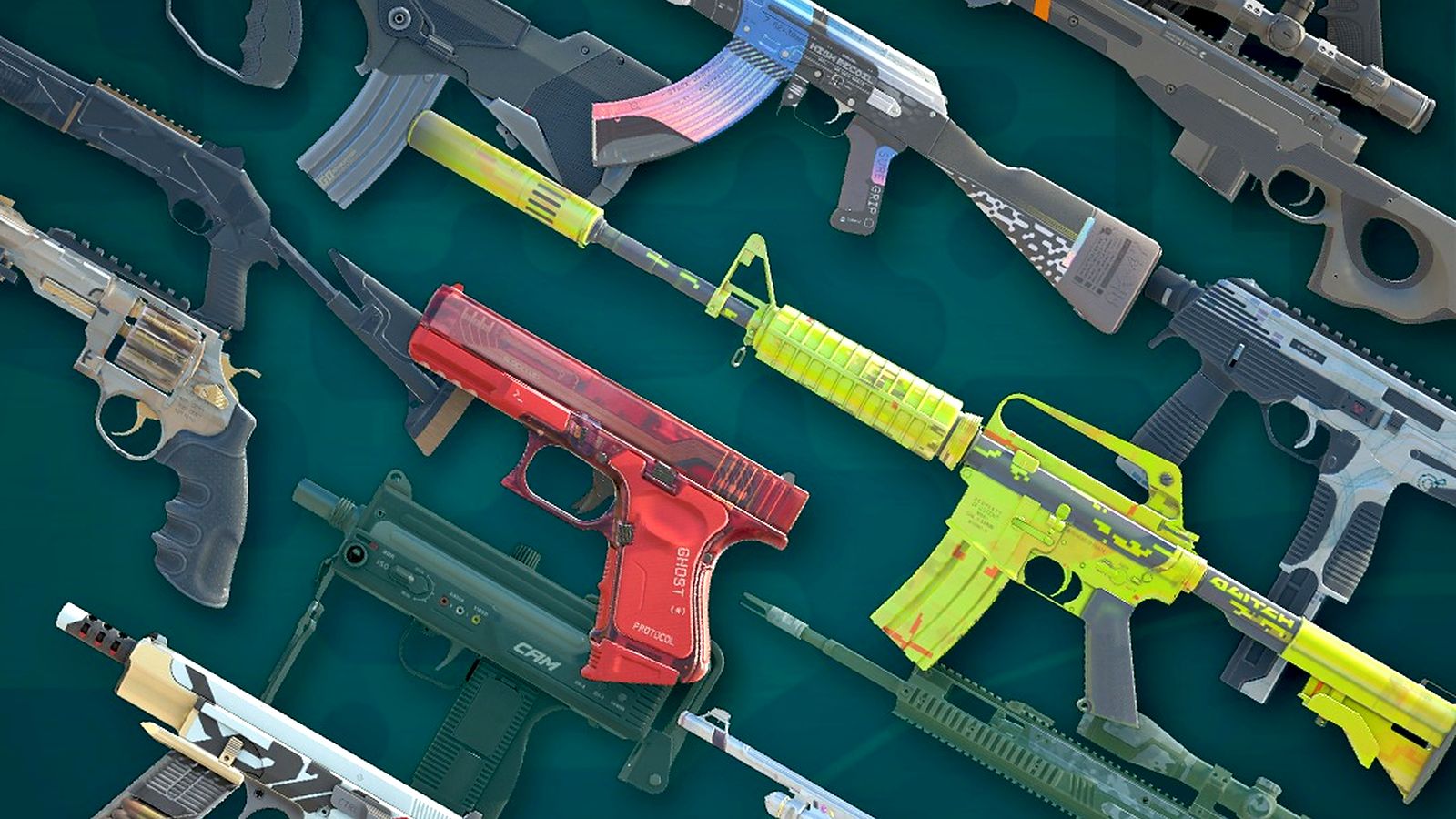 Counter-Strike 2 weapon finishes from Valve's Season 5 Armory announcement, rifles, pistols and SMGs in bright red, yellow and green patterns on a dark teal background