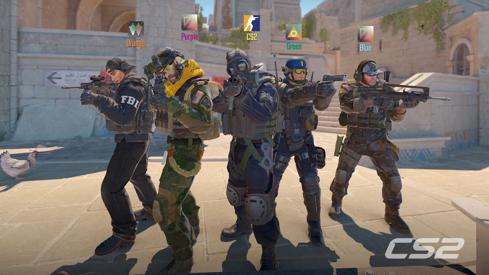 A CS2 counter-terrorist squad standing in a line with their Premier rating badges shown above them