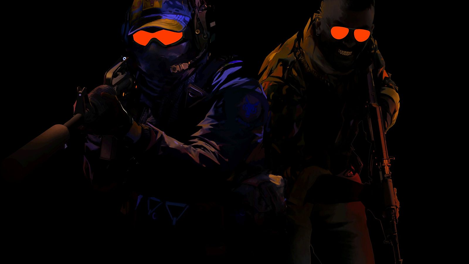 Valve's dark Counter-Strike 2 key art of a Counter-Terrorist and a Terrorist in silhouette with glowing orange goggles