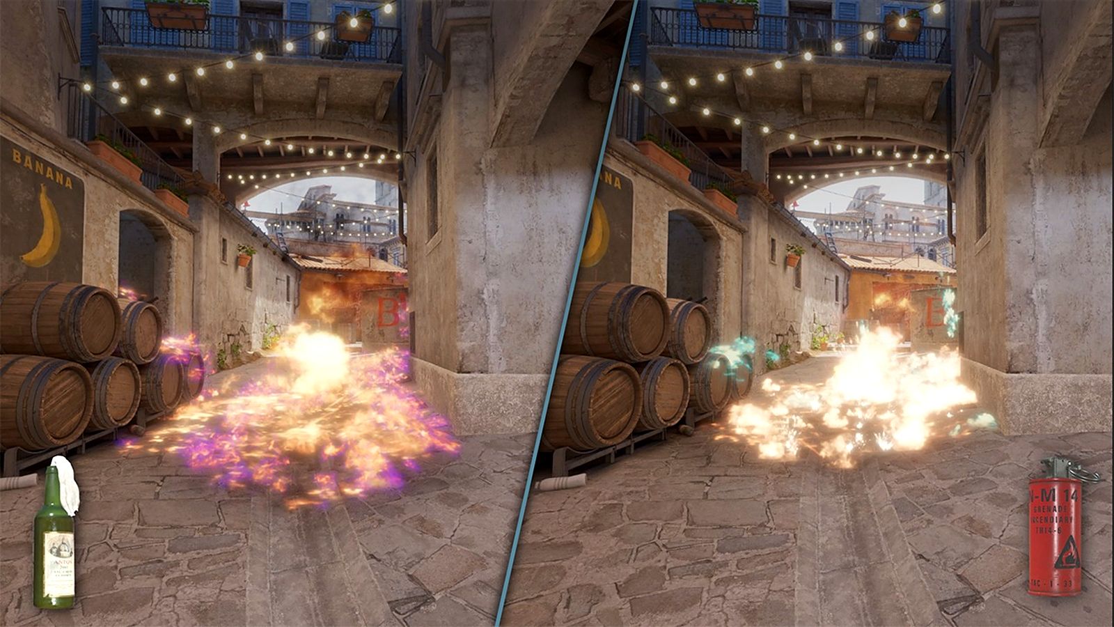 Two Counter-Strike 2 screenshots side by side on Inferno: a Molotov and an Incendiary Grenade burning on the cobblestones between wine barrels
