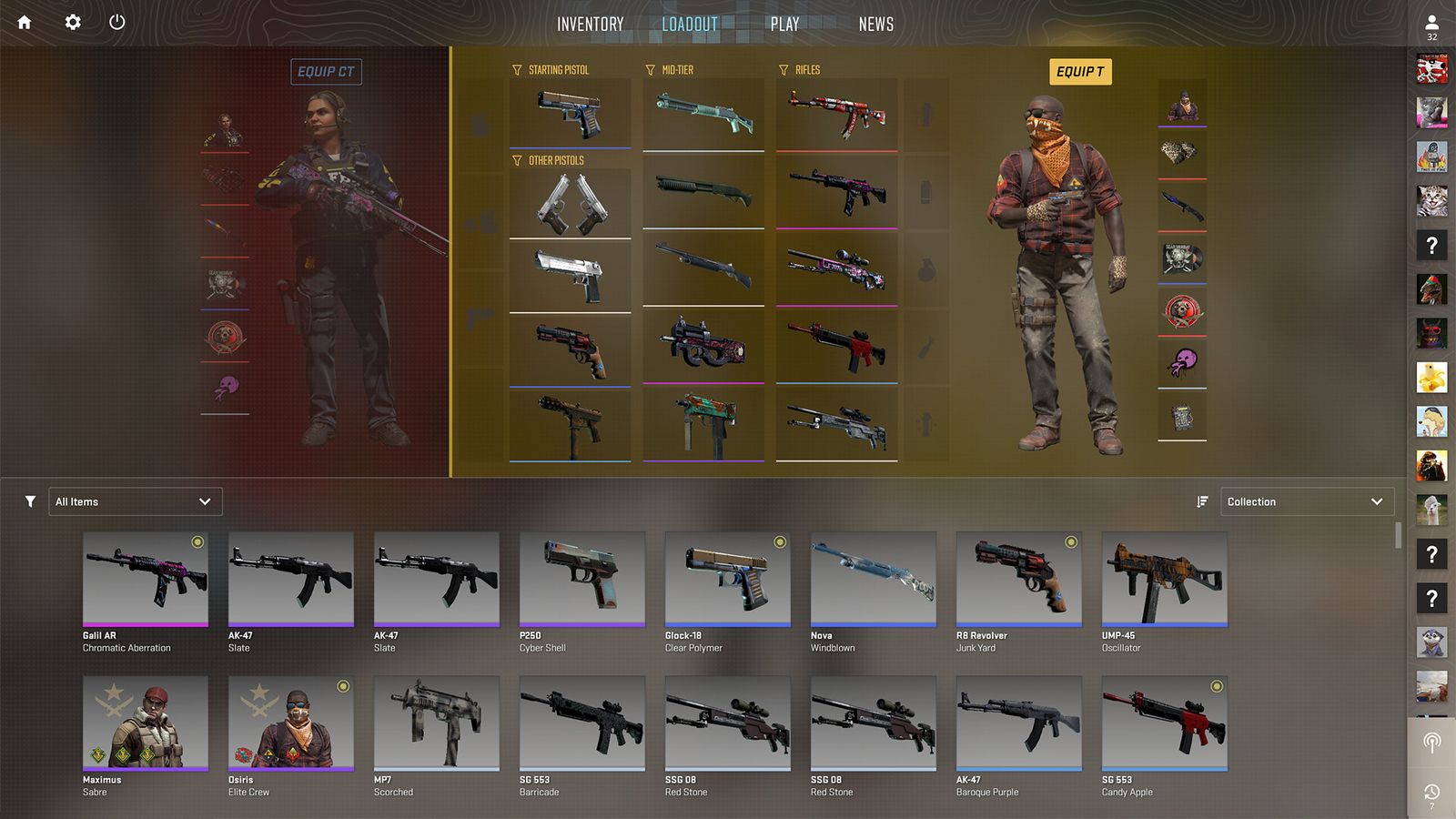 The CS2 loadout and inventory menu with weapon skins