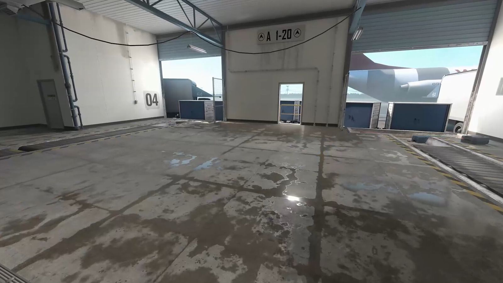 Inside the hangar on Nuke in Counter-Strike 2, looking out towards the yard