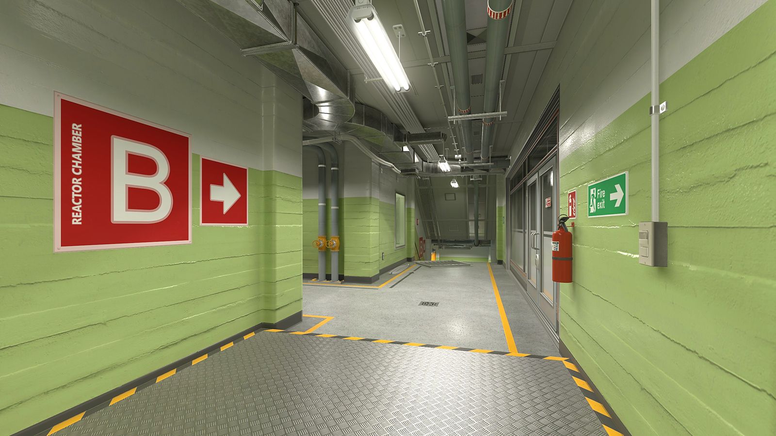 Counter-Strike 2 view down the green back hall on Nuke with a large B site sign and an arrow pointing the way