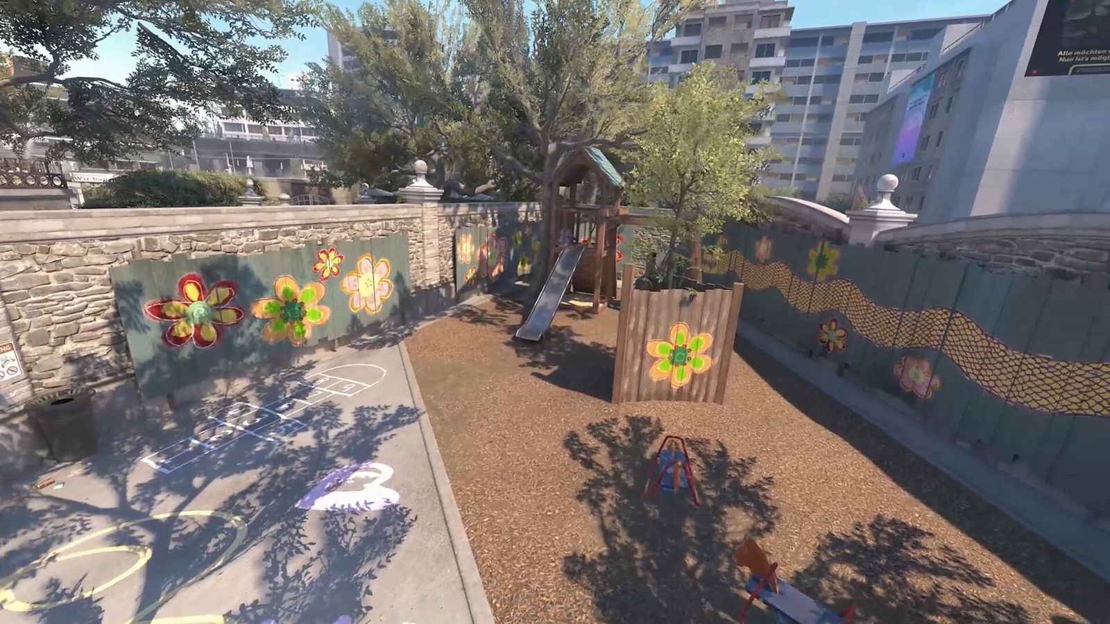 The playground area of Overpass in CS2, empty under grey light