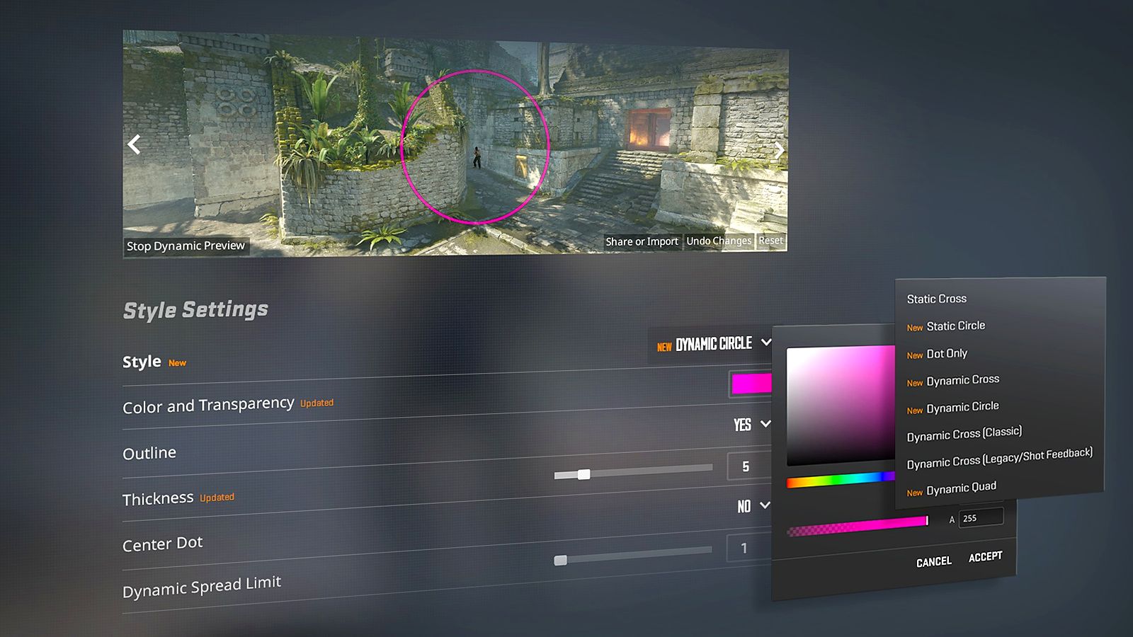 Valve's image of the new CS2 crosshair settings with a live preview on Ancient, style list, colour picker, outline, thickness and centre dot options