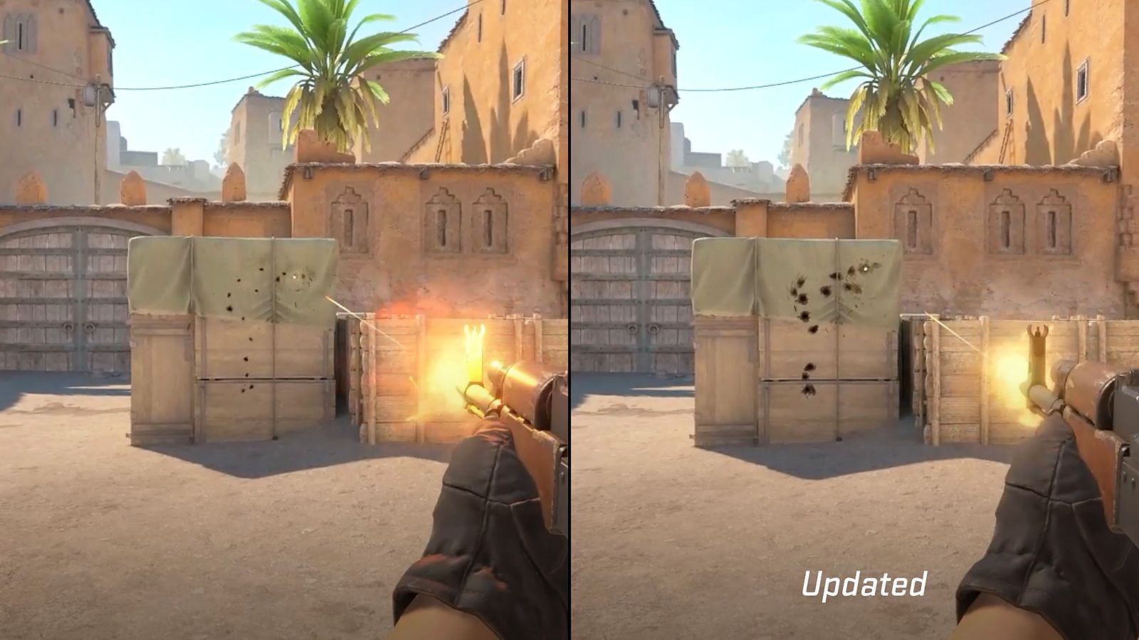 Valve's comparison of CS2 bullet impacts on a Dust II wall, first-person AK-47, before and after the September 2026 update