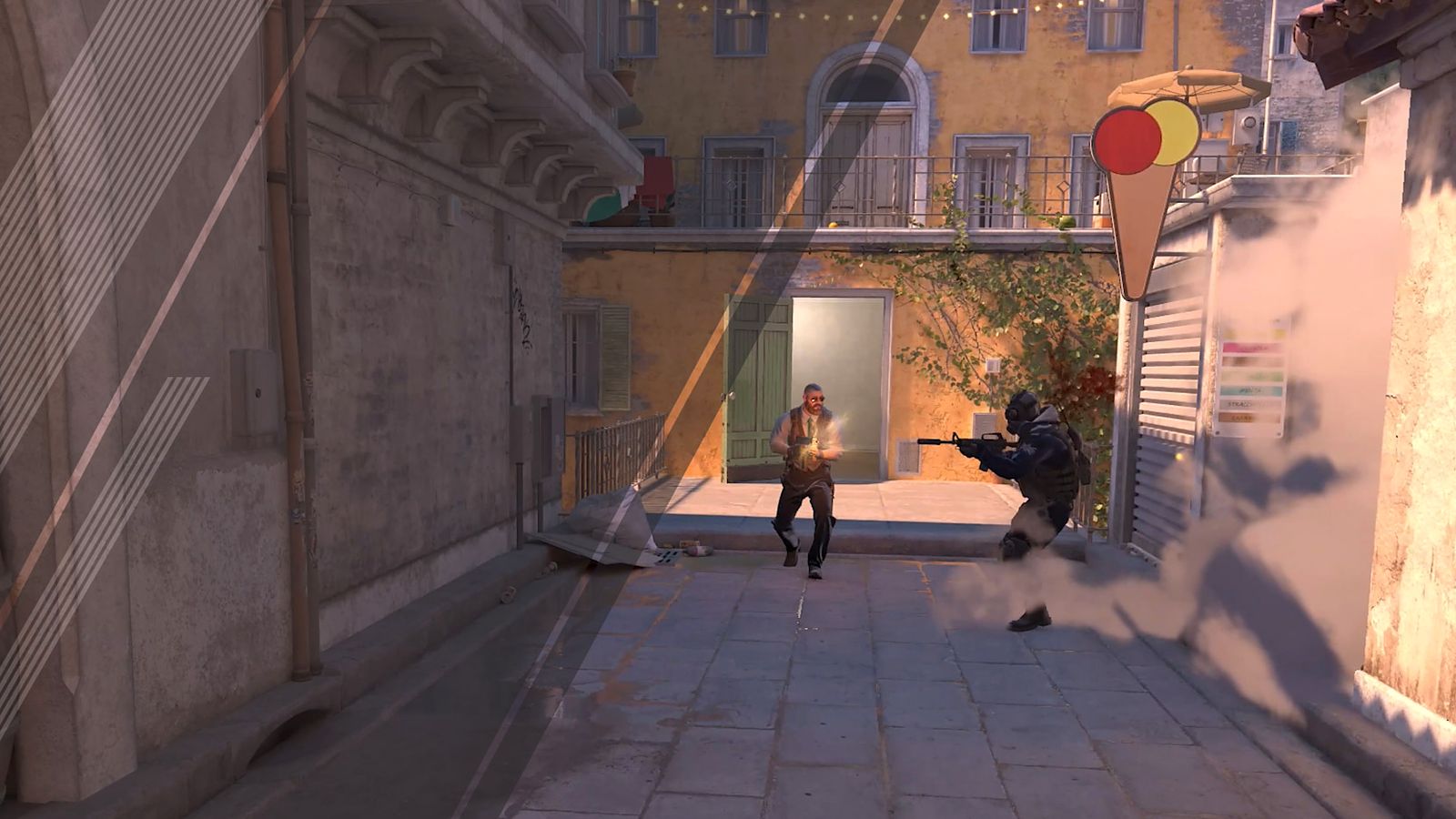 A frame from Valve's Counter-Strike 2 sub-tick video: a player peeking through a doorway down a sunlit Italian-style street as another player runs past