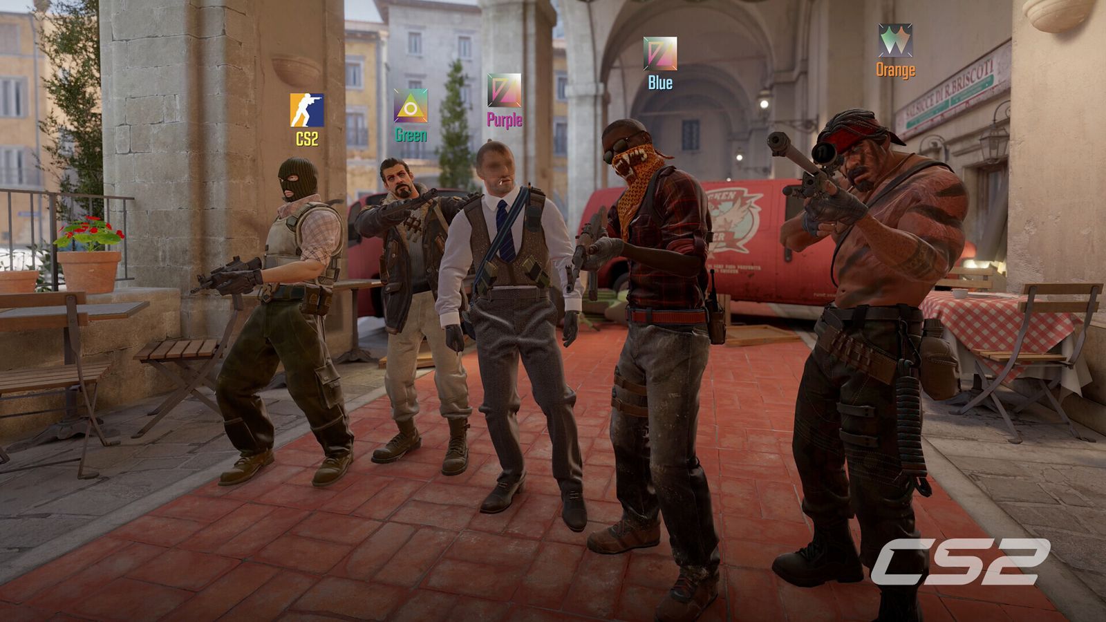 Five CS2 terrorists standing in a line with their Premier CS Rating badges displayed