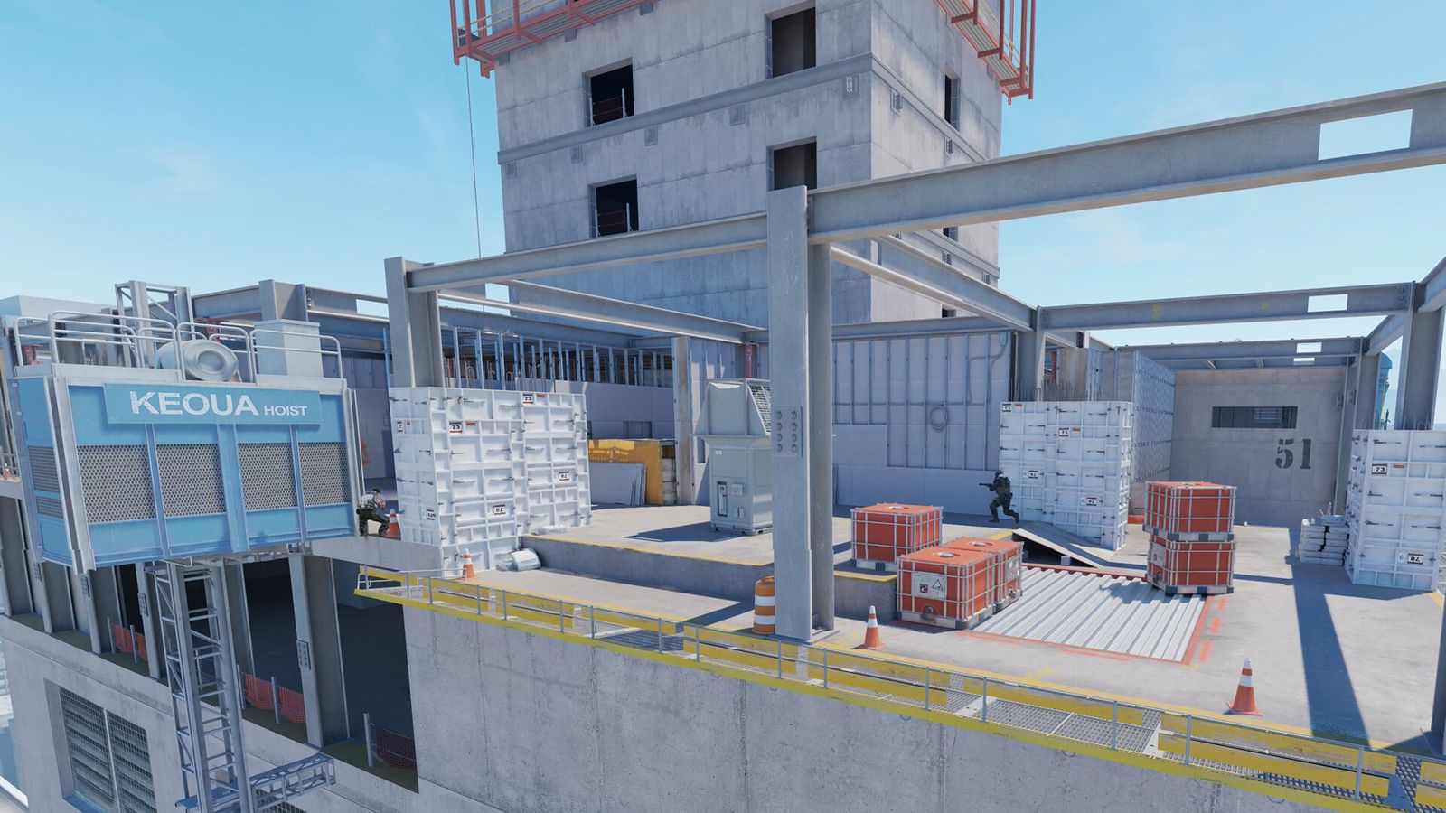 Two CS2 players on the Vertigo skyscraper construction site, a Wingman map
