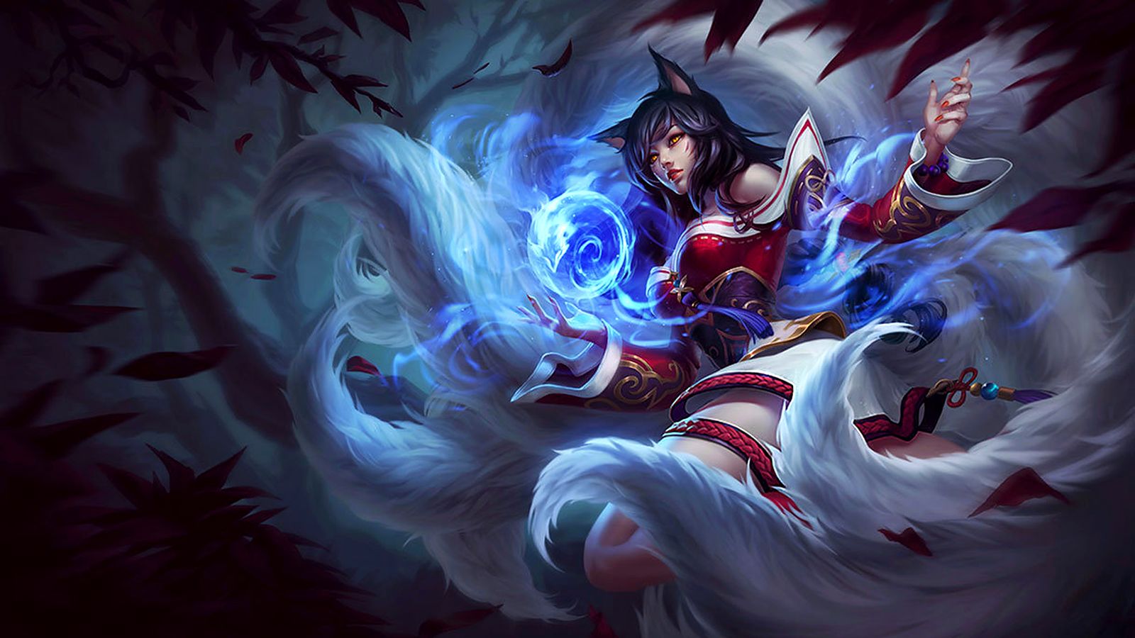 Ahri, the Nine-Tailed Fox, surrounded by spirit orbs — League of Legends splash art