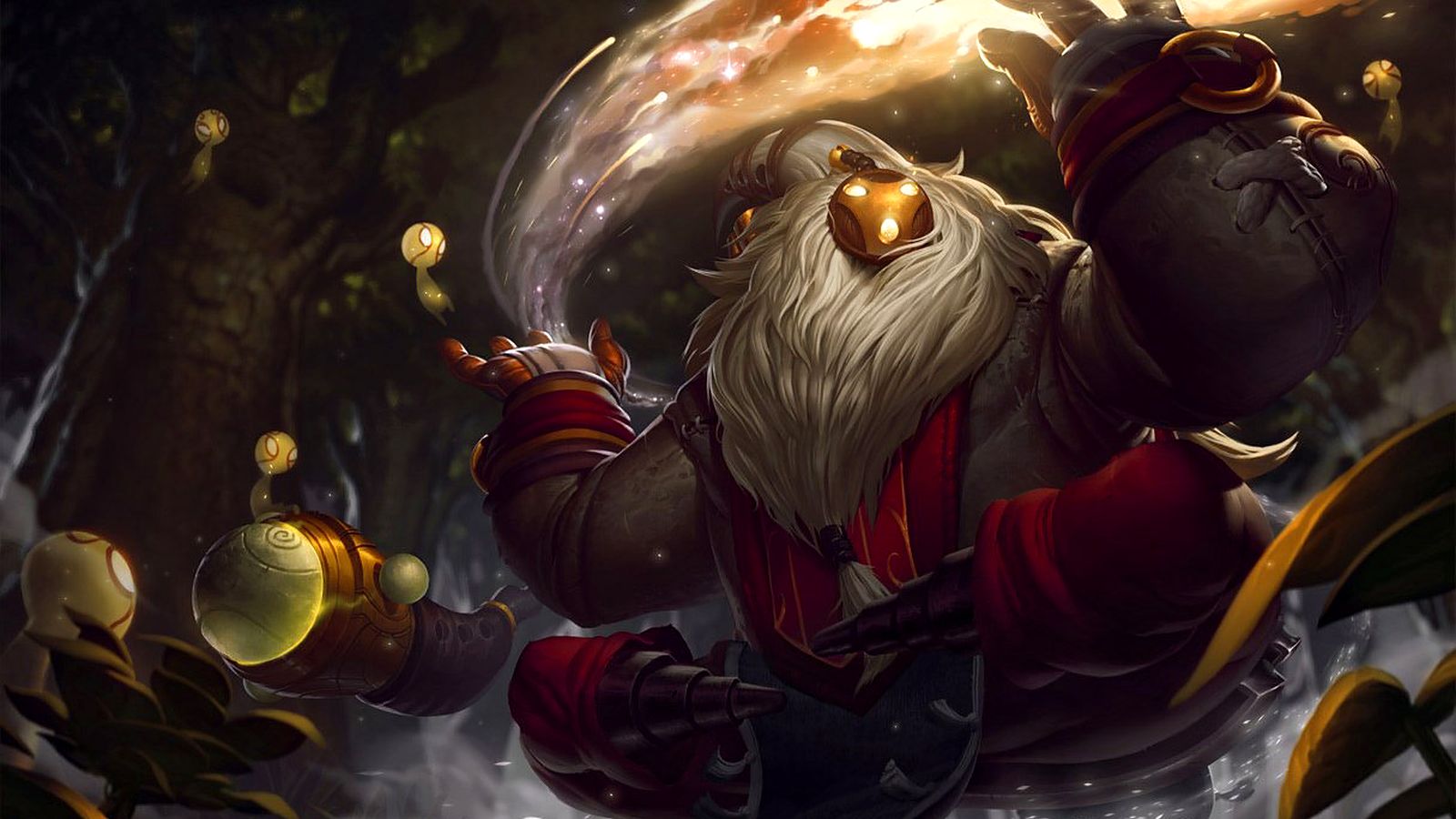 League of Legends splash art of Bard, the Wandering Caretaker, floating among his meeps and chimes