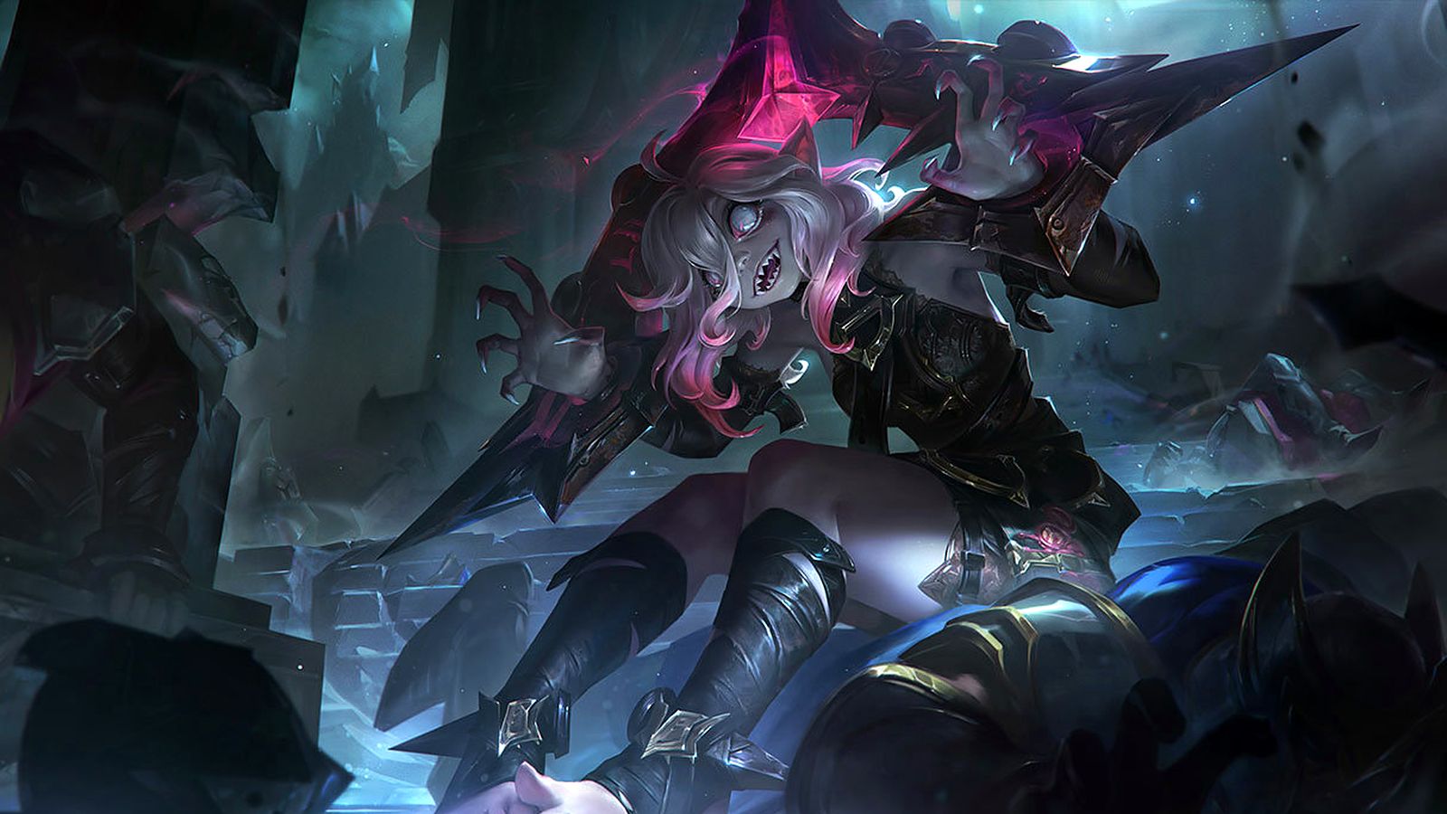 League of Legends splash art of Briar, the Restrained Hunger, lunging forward out of her restraints