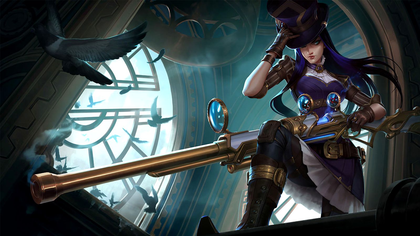 League of Legends splash art of Caitlyn with her rifle in front of a clock face