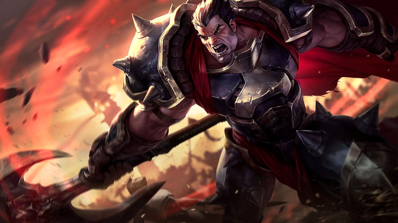 League of Legends splash art of Darius swinging his axe through a battlefield