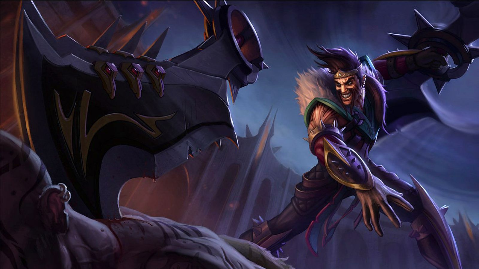 League of Legends splash art of Draven, the Glorious Executioner, spinning his axes