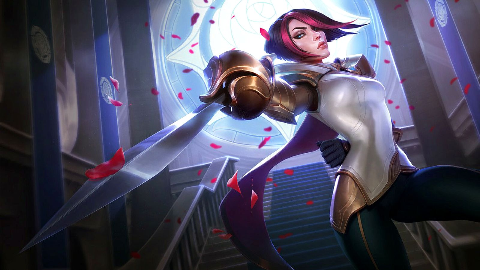 League of Legends splash art of Fiora, the Grand Duelist, with her rapier raised