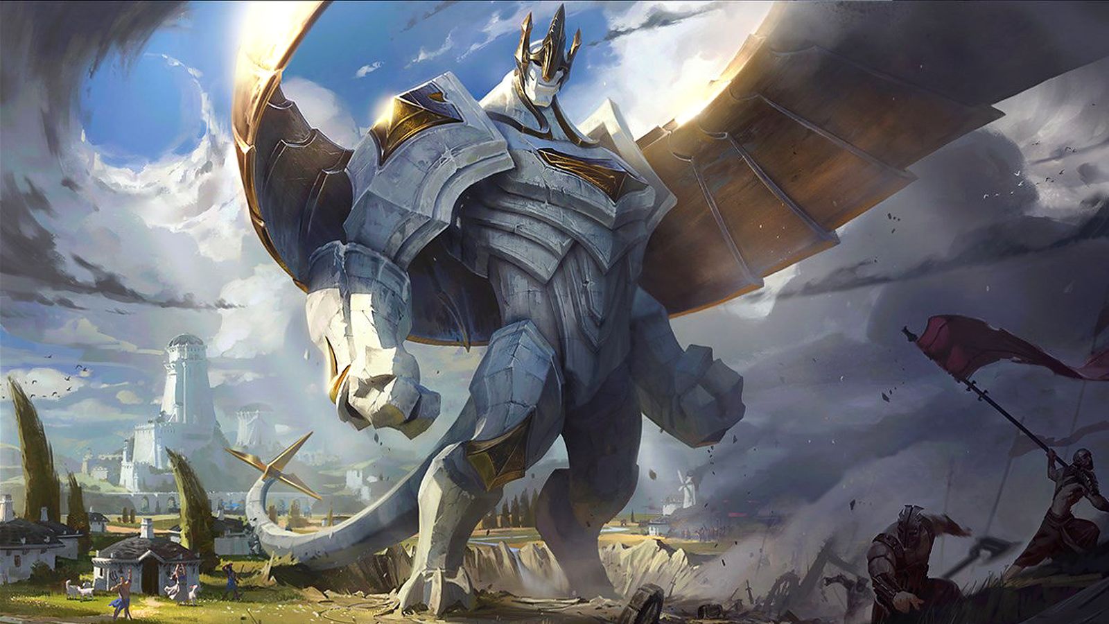 League of Legends splash art of Galio, the Colossus, a giant stone guardian landing on a battlefield