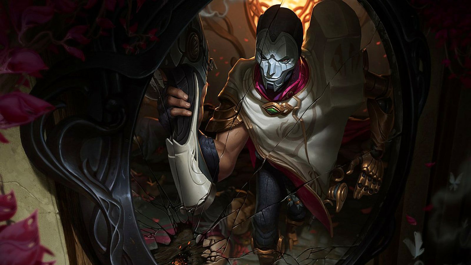 Jhin, the Virtuoso, posing with his cane gun — League of Legends splash art