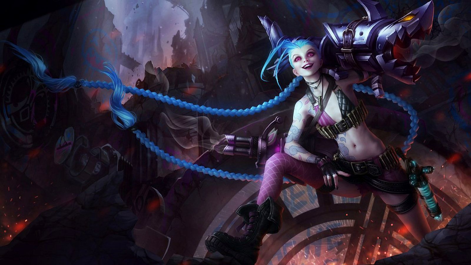 Jinx, the Loose Cannon, perched on a rooftop with her weapons — League of Legends splash art