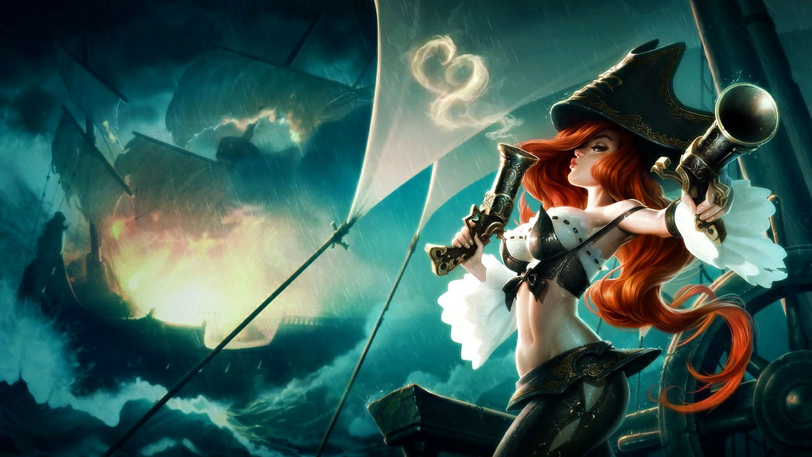 League of Legends splash art of Miss Fortune aiming her pistols on a ship deck