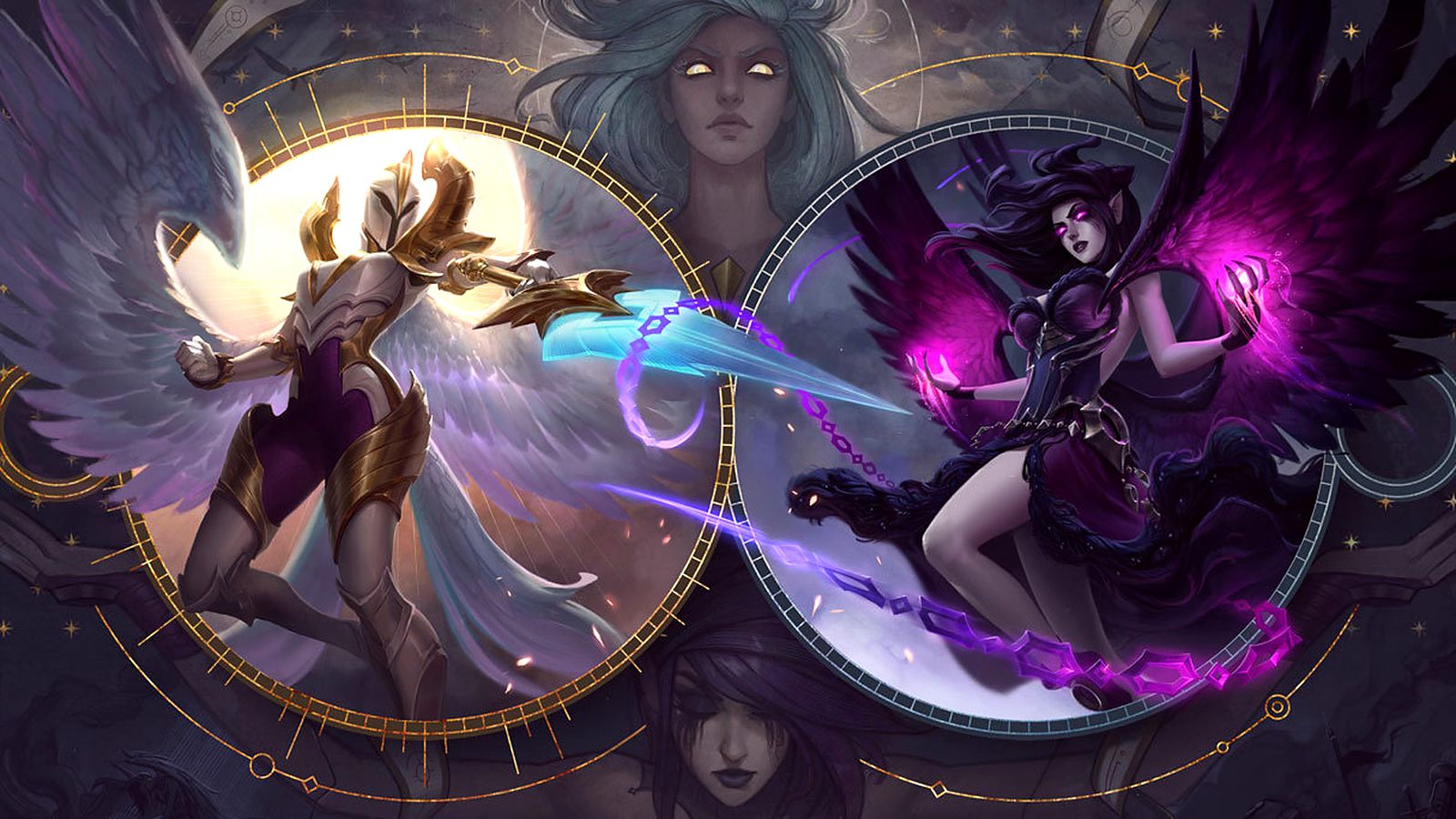 League of Legends splash art of Morgana, the Fallen, with dark wings and a binding spell