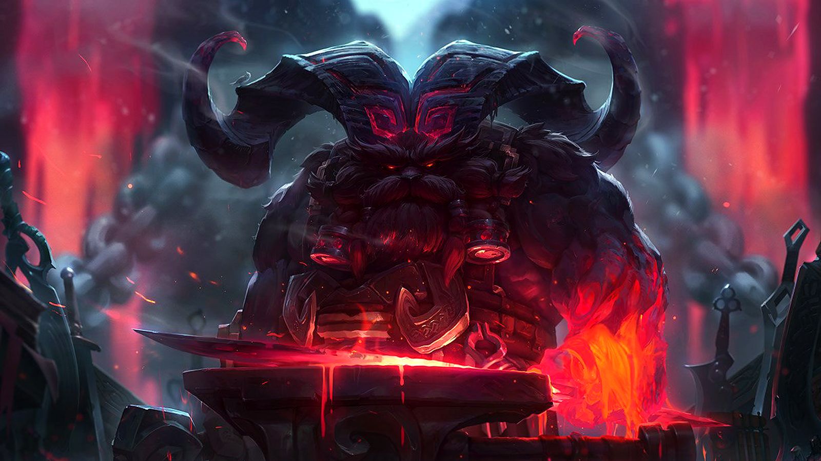 League of Legends splash art of Ornn standing at a glowing forge