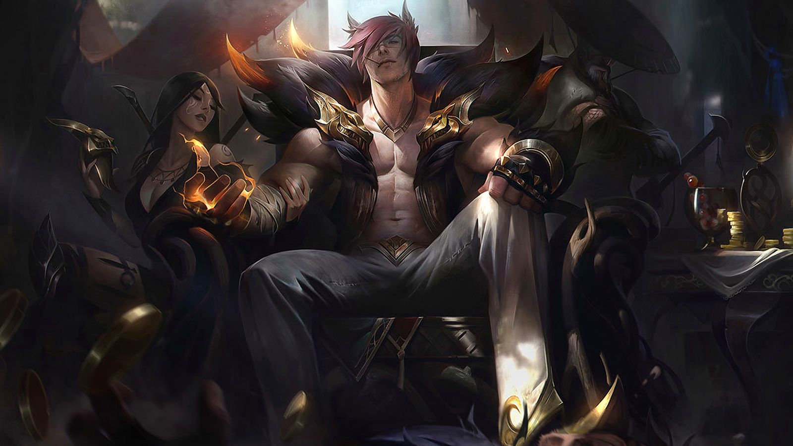 League of Legends splash art of Sett, the Boss, seated on a throne in his fighting pit