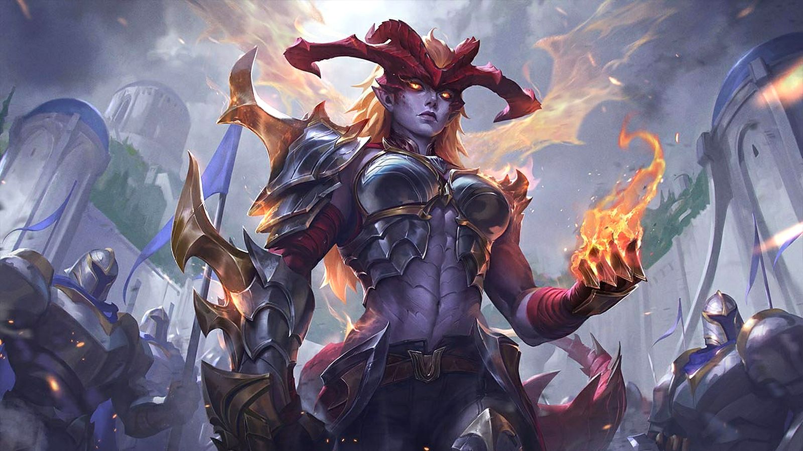 League of Legends splash art of Shyvana with fire in her hand on a battlefield