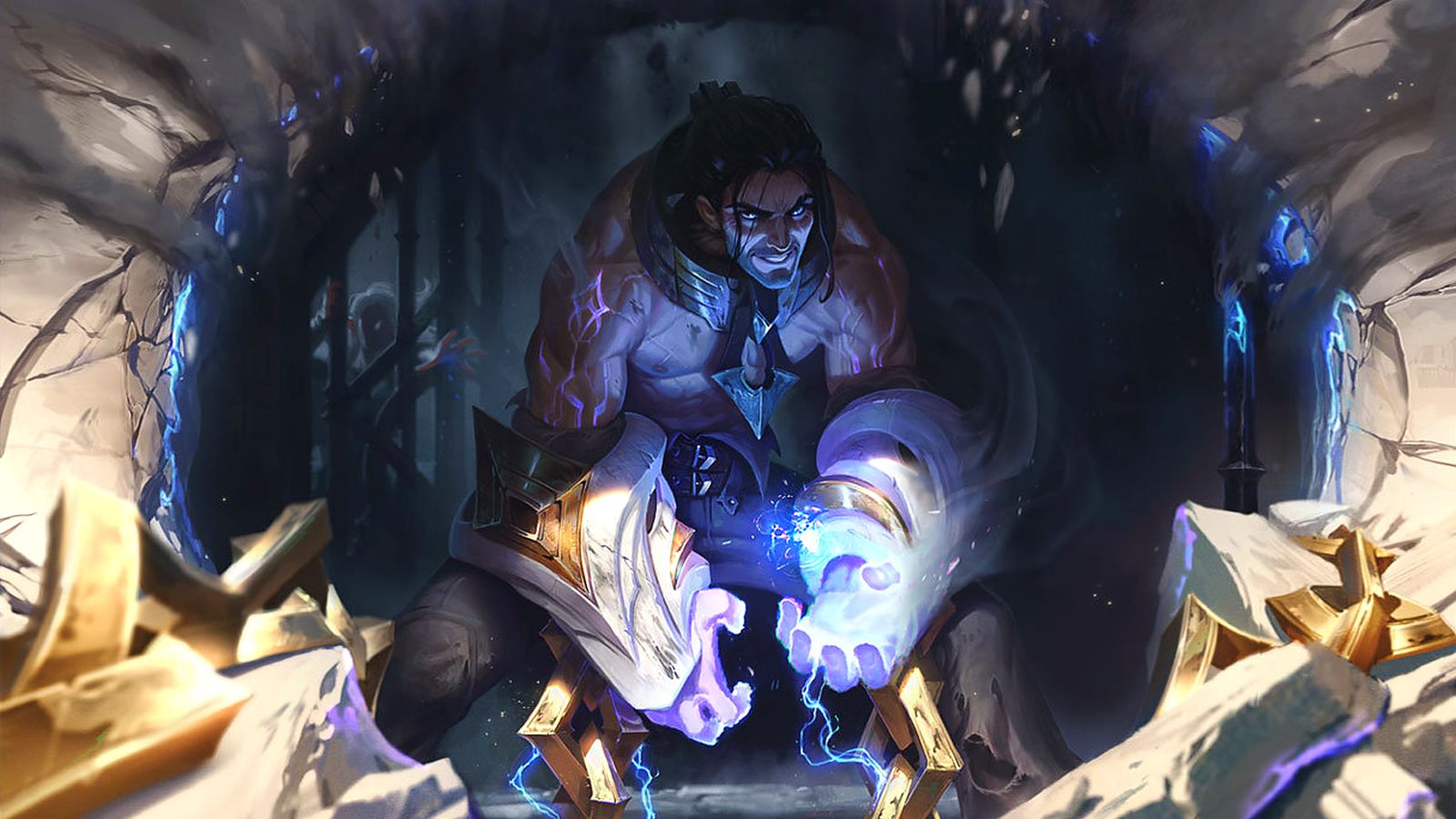 League of Legends splash art of Sylas breaking his chains in a stone cell