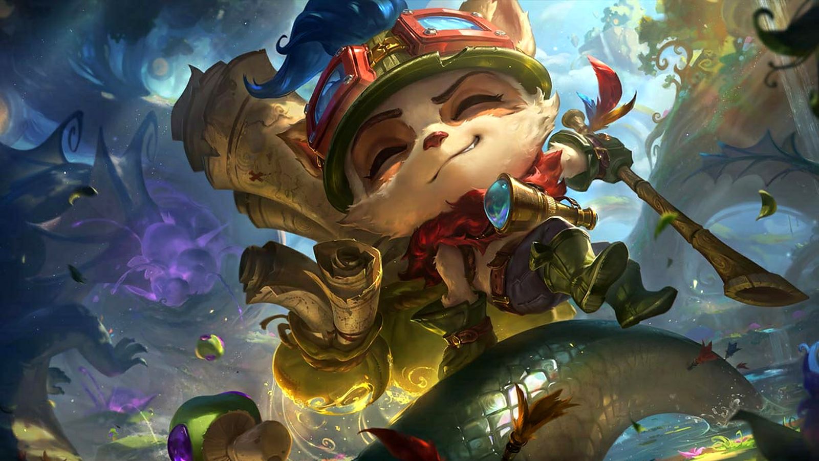 League of Legends splash art of Teemo, the Swift Scout, crouching with his blowgun among mushrooms