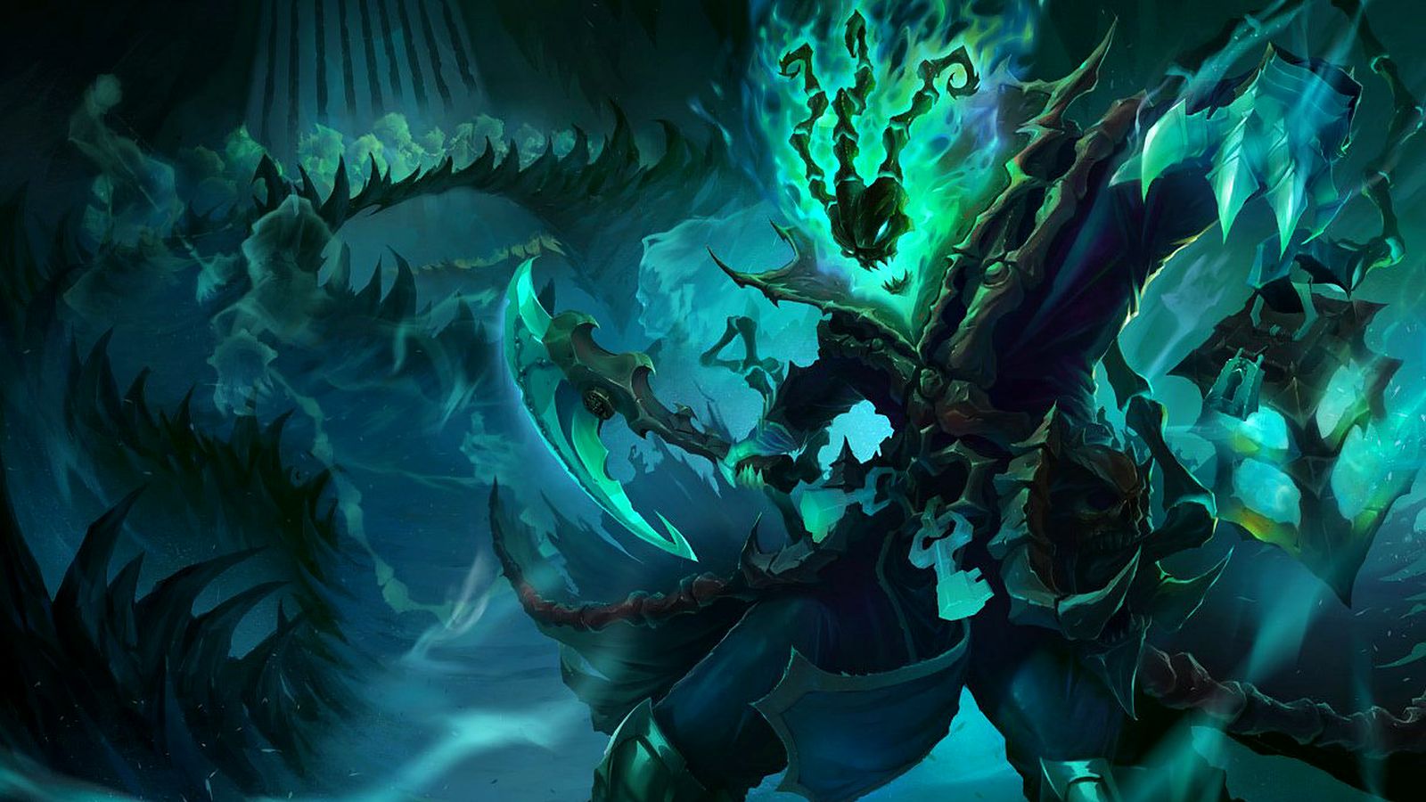 Thresh, the Chain Warden, swinging his lantern — League of Legends splash art