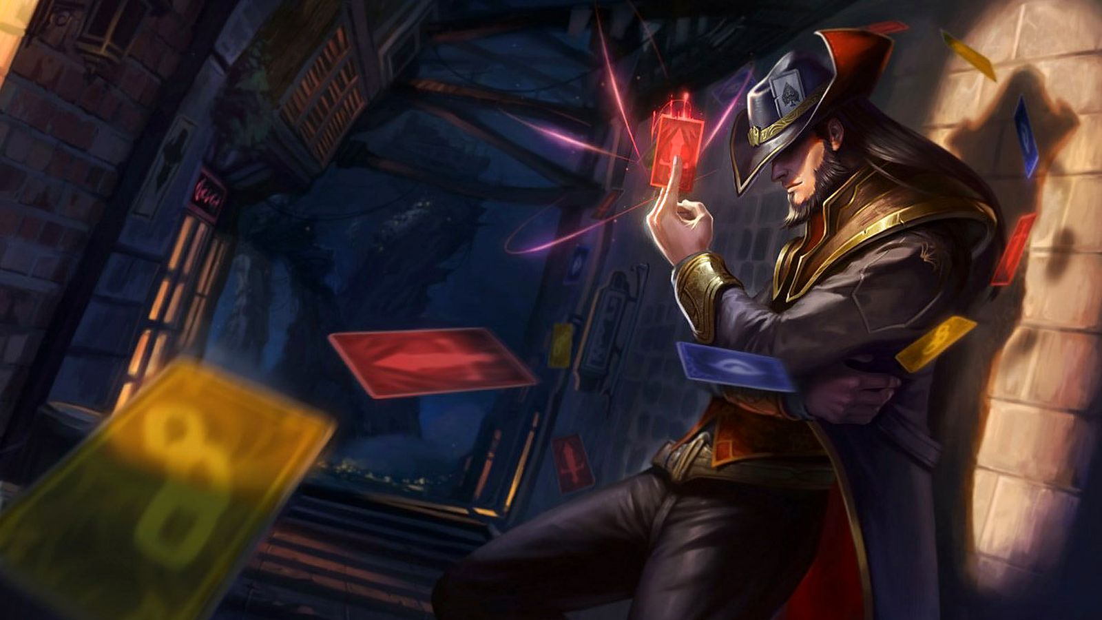 League of Legends splash art of Twisted Fate throwing cards in a dark alley