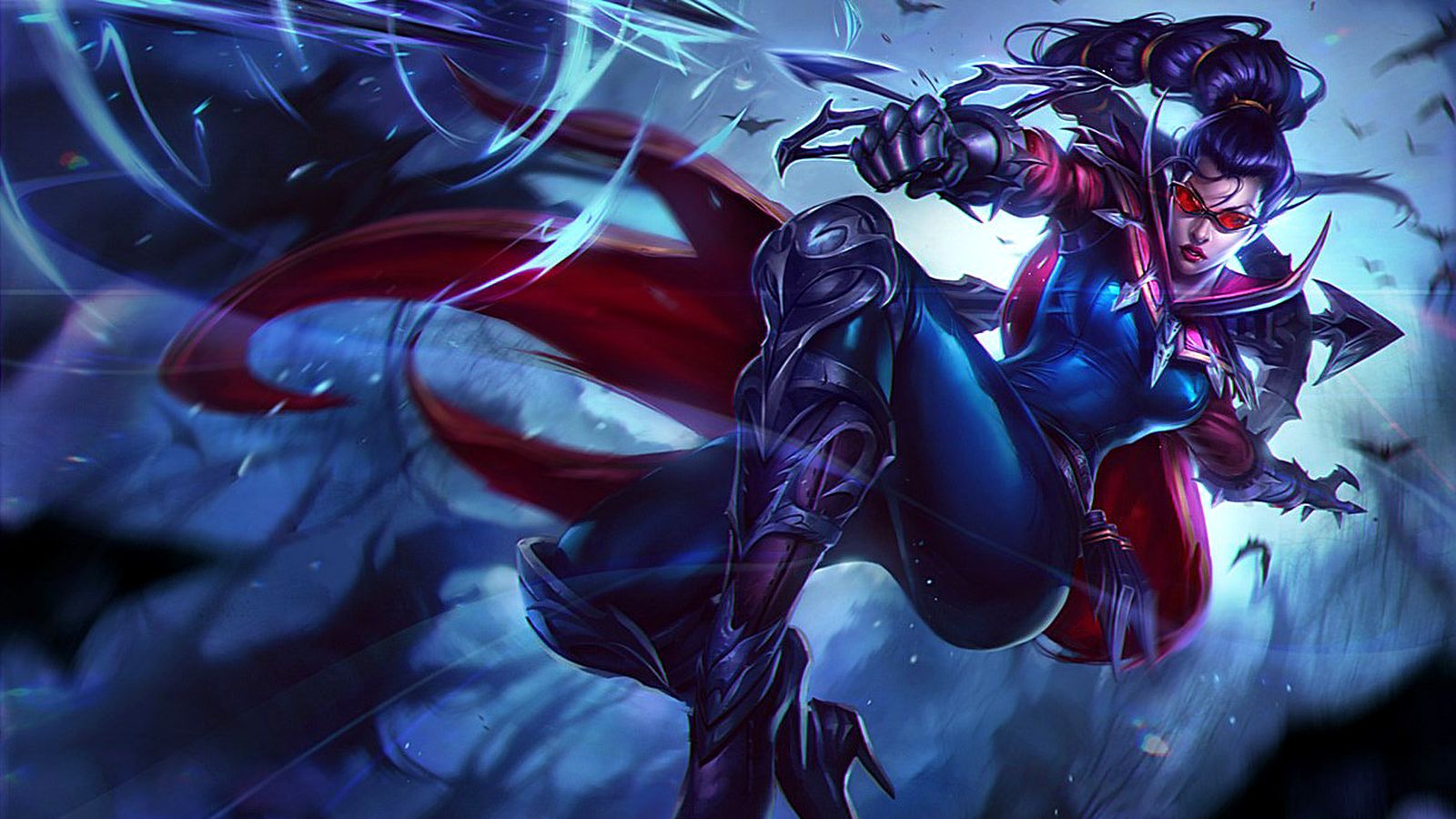 League of Legends splash art of Vayne, the Night Hunter, leaping with her crossbow drawn