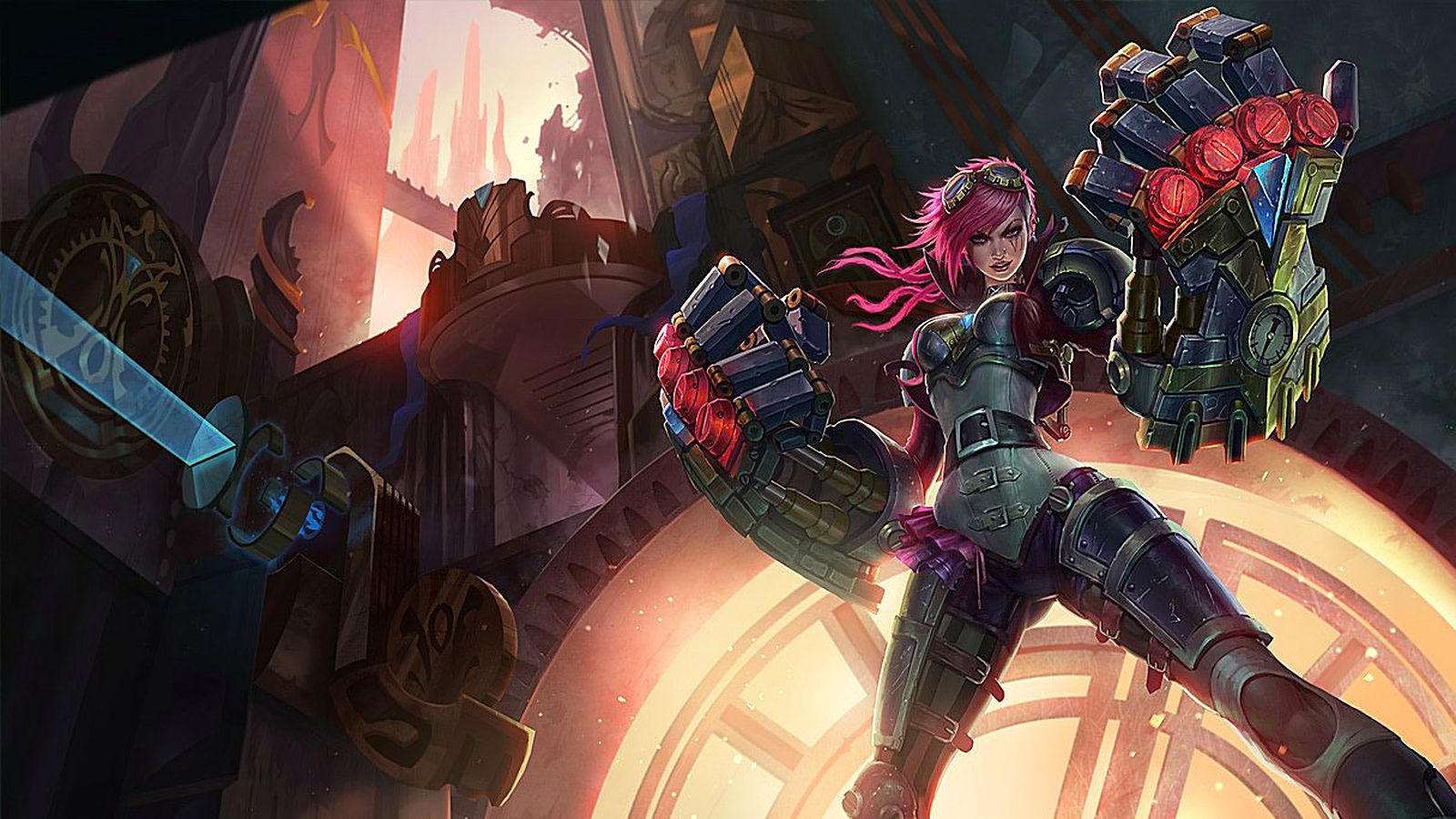 Vi, the Piltover Enforcer, with her hextech gauntlets — League of Legends splash art