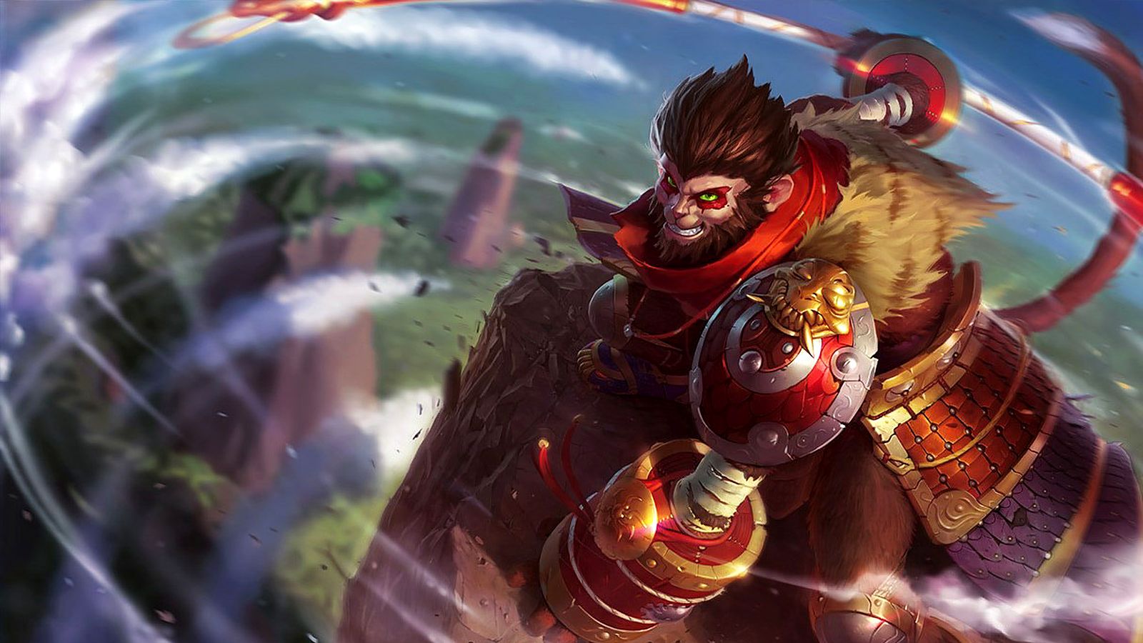 League of Legends splash art of Wukong, the Monkey King, spinning his staff in a whirlwind