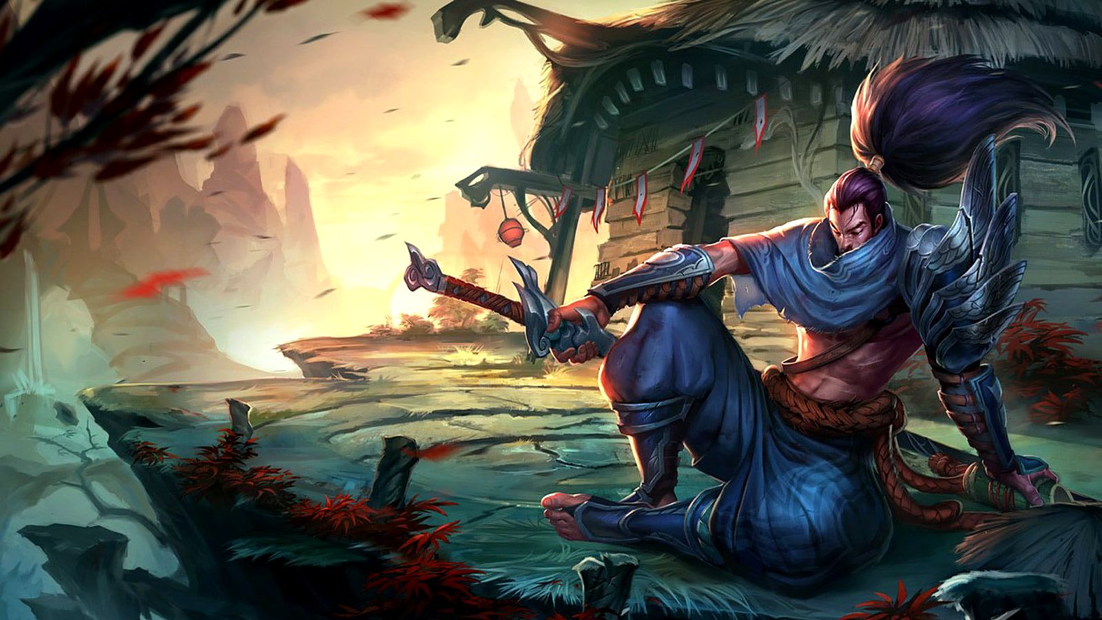 Yasuo, the Unforgiven, drawing his blade in a field — League of Legends splash art