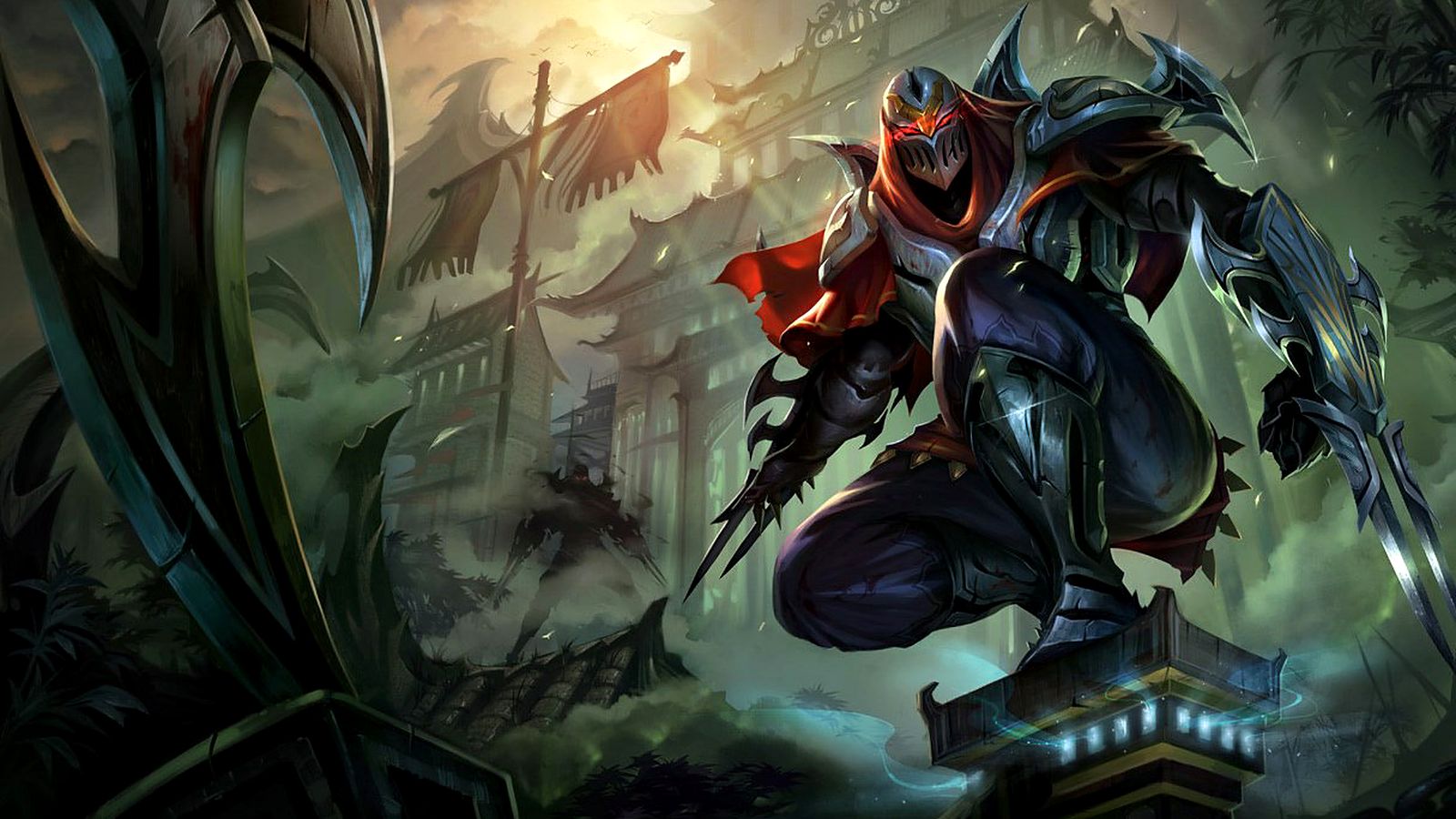 League of Legends splash art of Zed crouching on a rooftop in his shadow armour