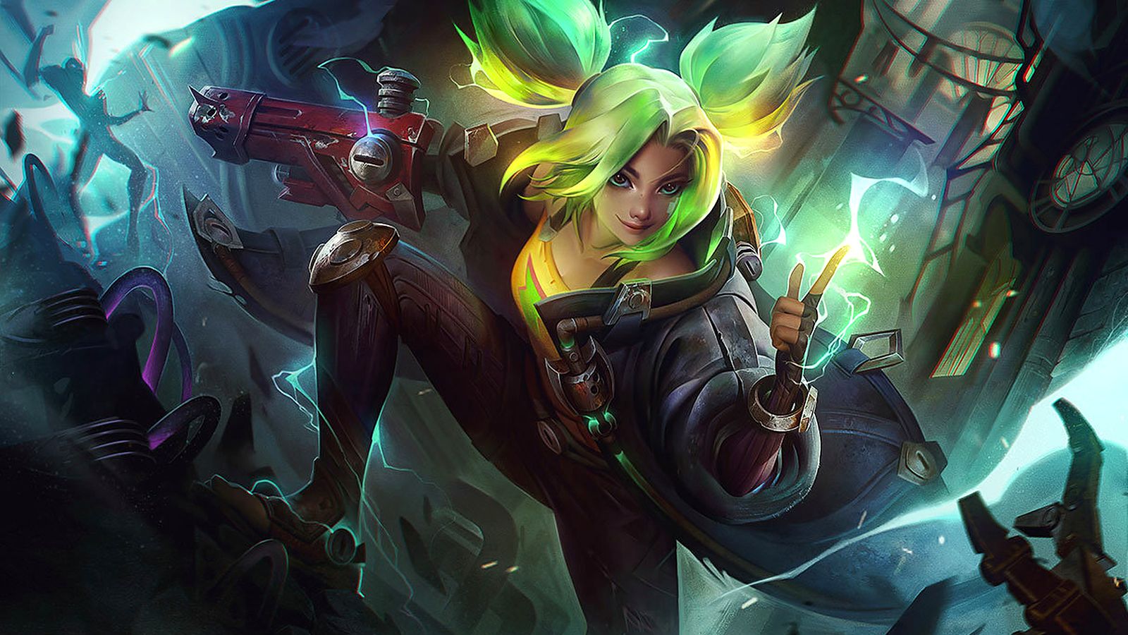 League of Legends splash art of Zeri, the Spark of Zaun, crackling with green lightning as she sprints