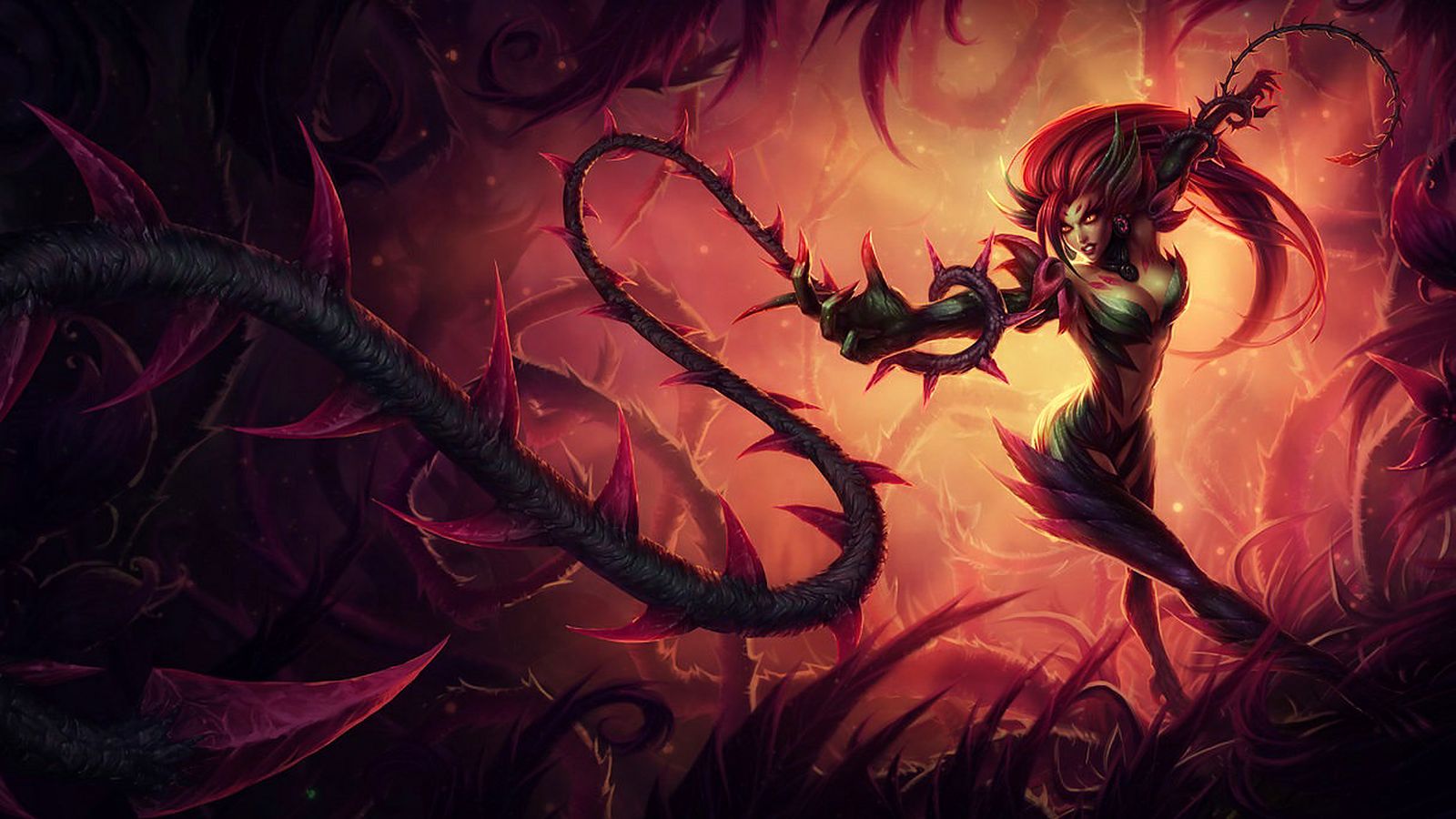 League of Legends splash art of Zyra, Rise of the Thorns, among thorned vines