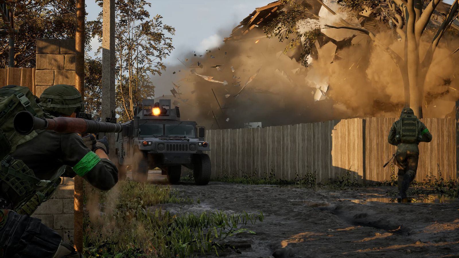 A WARDOGS Humvee smashing through a wooden fence while soldiers advance beside it