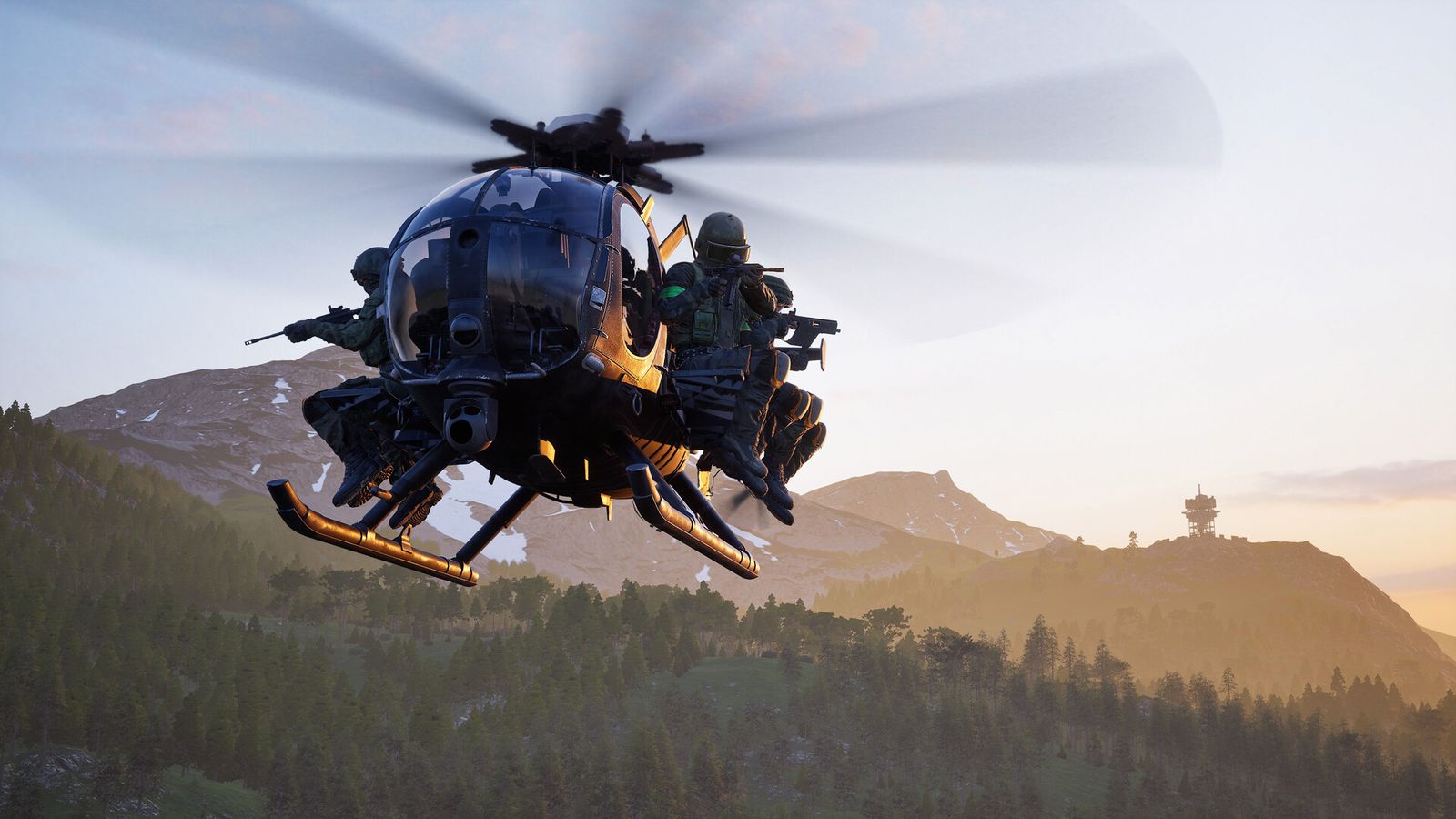 A WARDOGS Little Bird helicopter carrying a squad on its side benches over hills at sunset