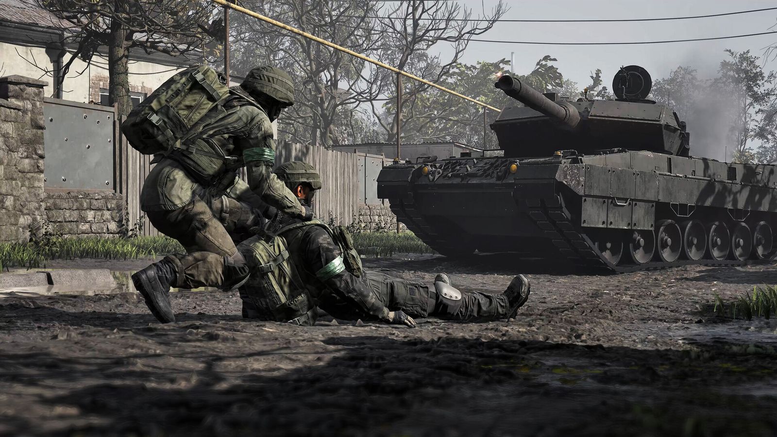 A WARDOGS Medic reviving a downed teammate in the mud next to an L2A6 tank