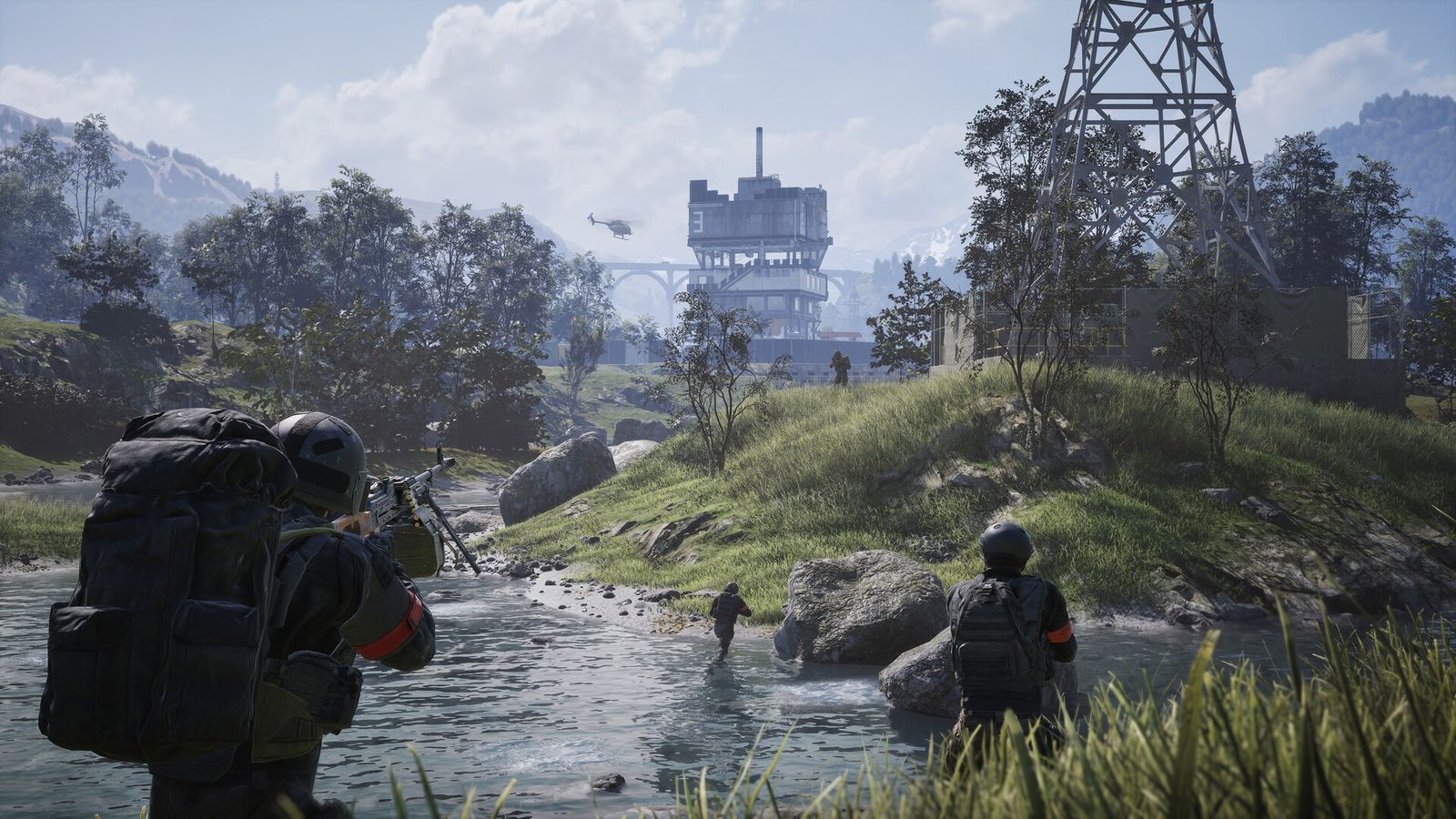 A WARDOGS squad wading through a river towards an industrial tower while a helicopter circles