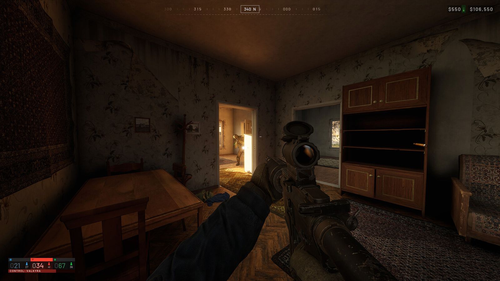 A WARDOGS marksman aiming through a scope from inside a dark building towards a bright doorway