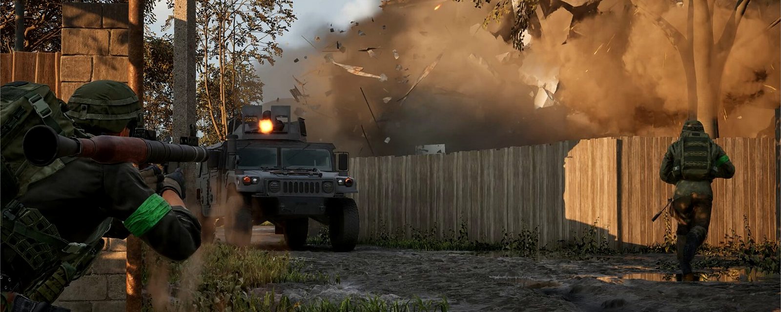 A WARDOGS Support soldier firing a rocket launcher at a vehicle